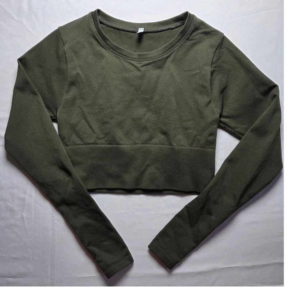 Seamless Olive Green Long Sleeve Crop Top Athletic Ribbed Crew Neck Gym Shirt